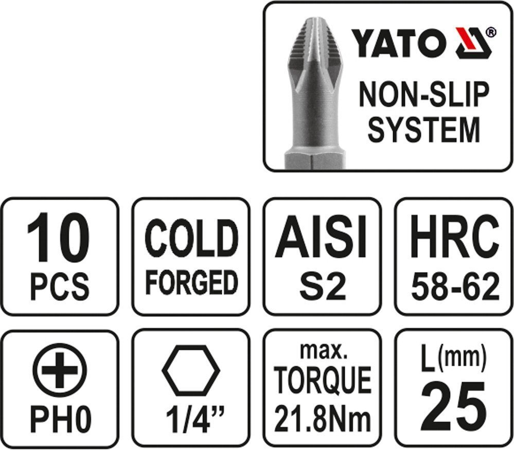 Uzgaļu komplekts YATO PH0x25mm 1/4 ", 10 gab. cena un informācija | Rokas instrumenti | 220.lv