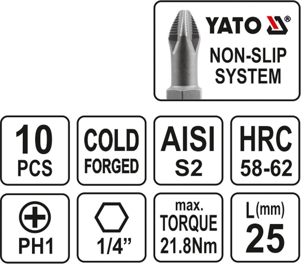 Uzgaļu komplekts YATO PH1x25mm 1/4 ", 10 gab. cena un informācija | Rokas instrumenti | 220.lv