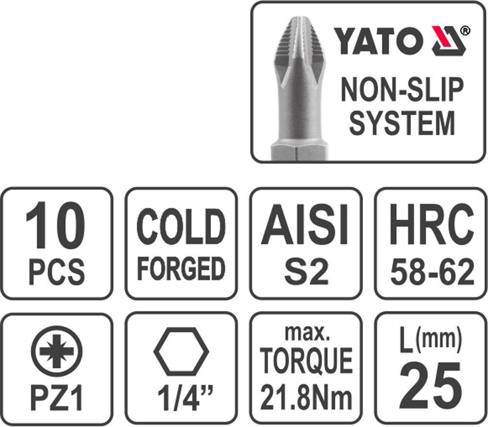 Uzgaļu komplekts YATO PZ1x25mm 1/4 ", 10 gab. cena un informācija | Rokas instrumenti | 220.lv