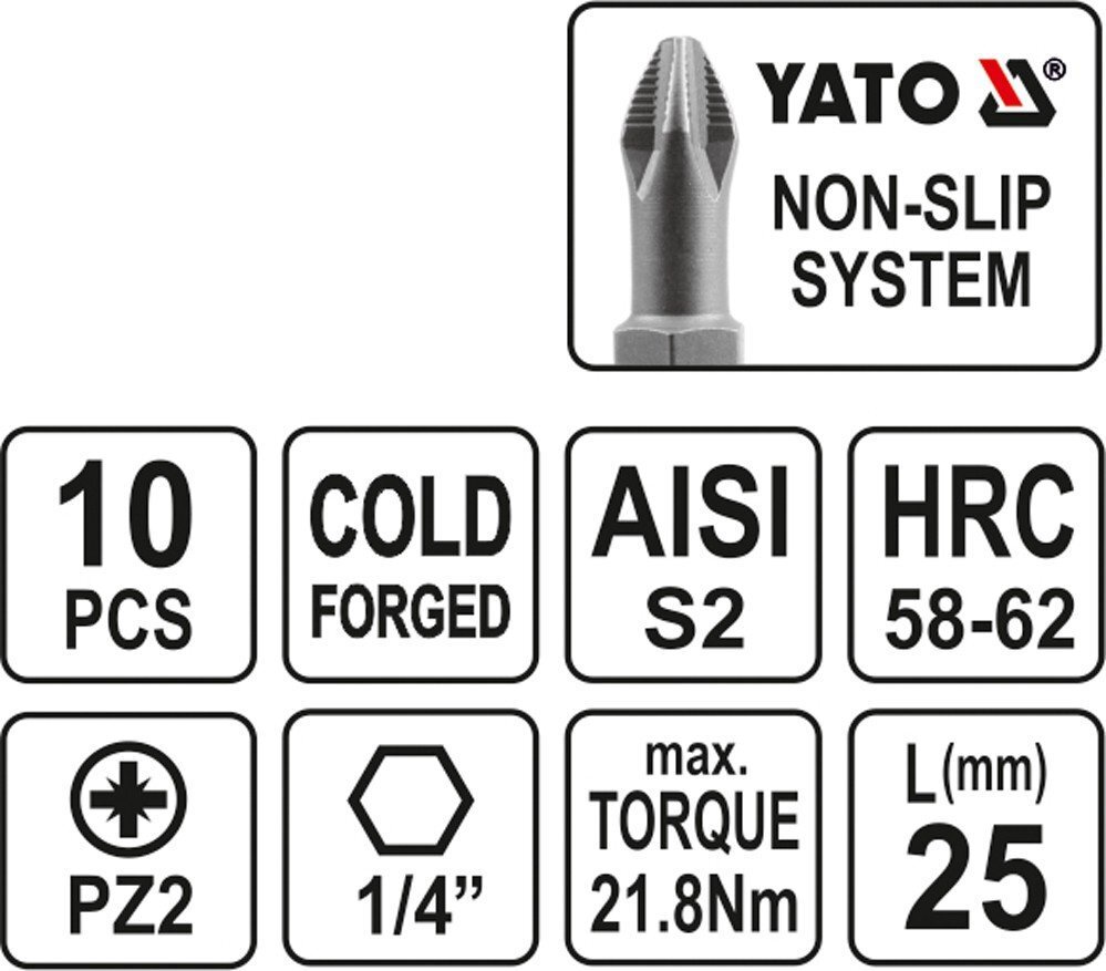 Uzgaļu komplekts Yato PZ2x25mm 1/4", 10 gab. cena un informācija | Rokas instrumenti | 220.lv