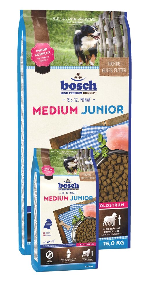 Bosch Petfood Medium Junior High Premium vidējo šķirņu kucēniem, 15 kg+2 kg cena un informācija | Sausā barība suņiem | 220.lv