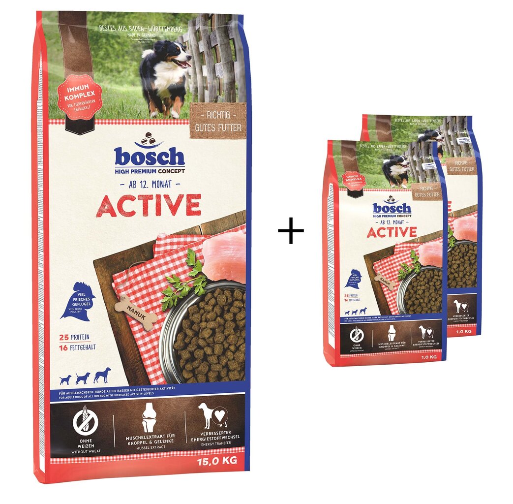 KOMPLEKTS bosch Petfood Active (High Premium), 15 kg + 2 kg цена и информация | Sausā barība suņiem | 220.lv