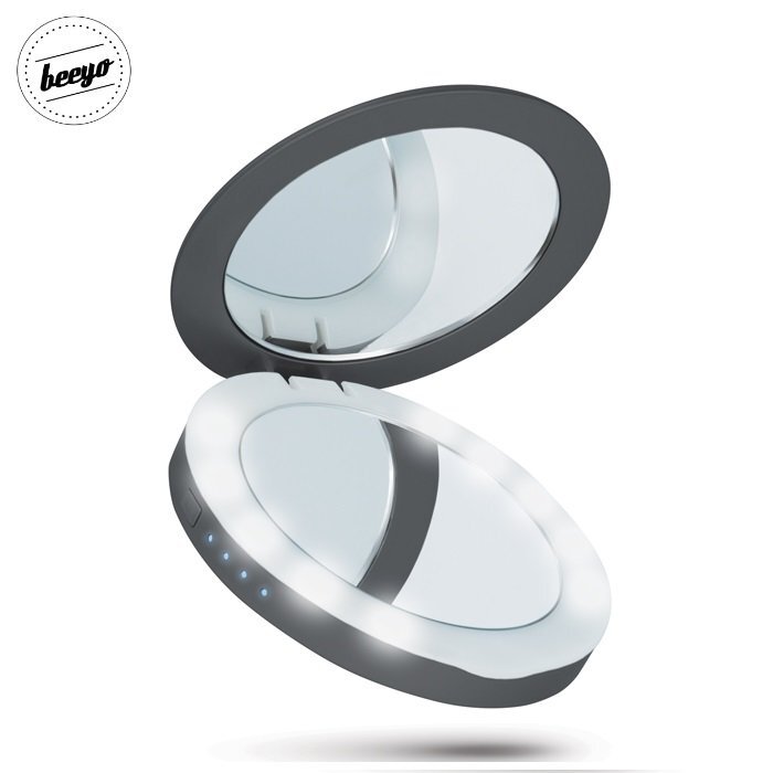Beeyo premium kompakts MakeUp spogulis ar LED apgaismojumu - Portatīvs ārējās uzlādes akumulators 3000 mAh Melns cena un informācija | Lādētāji-akumulatori (Power bank) | 220.lv
