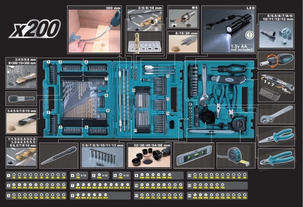 Makita D-37194 200 urbju un uzgaļu komplekts цена и информация | Rokas instrumenti | 220.lv