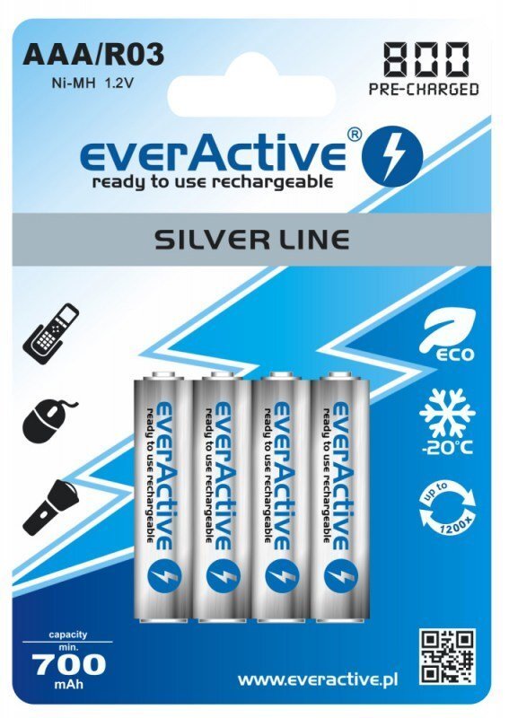 everActive Silver Line Ready to Use 800mAh AAA, 4 gab. цена и информация | Baterijas | 220.lv