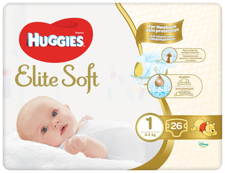 Подгузники HUGGIES NewBorn Elite Soft 1, 2-5 кг, 26 шт. цена и информация | Подгузники | 220.lv