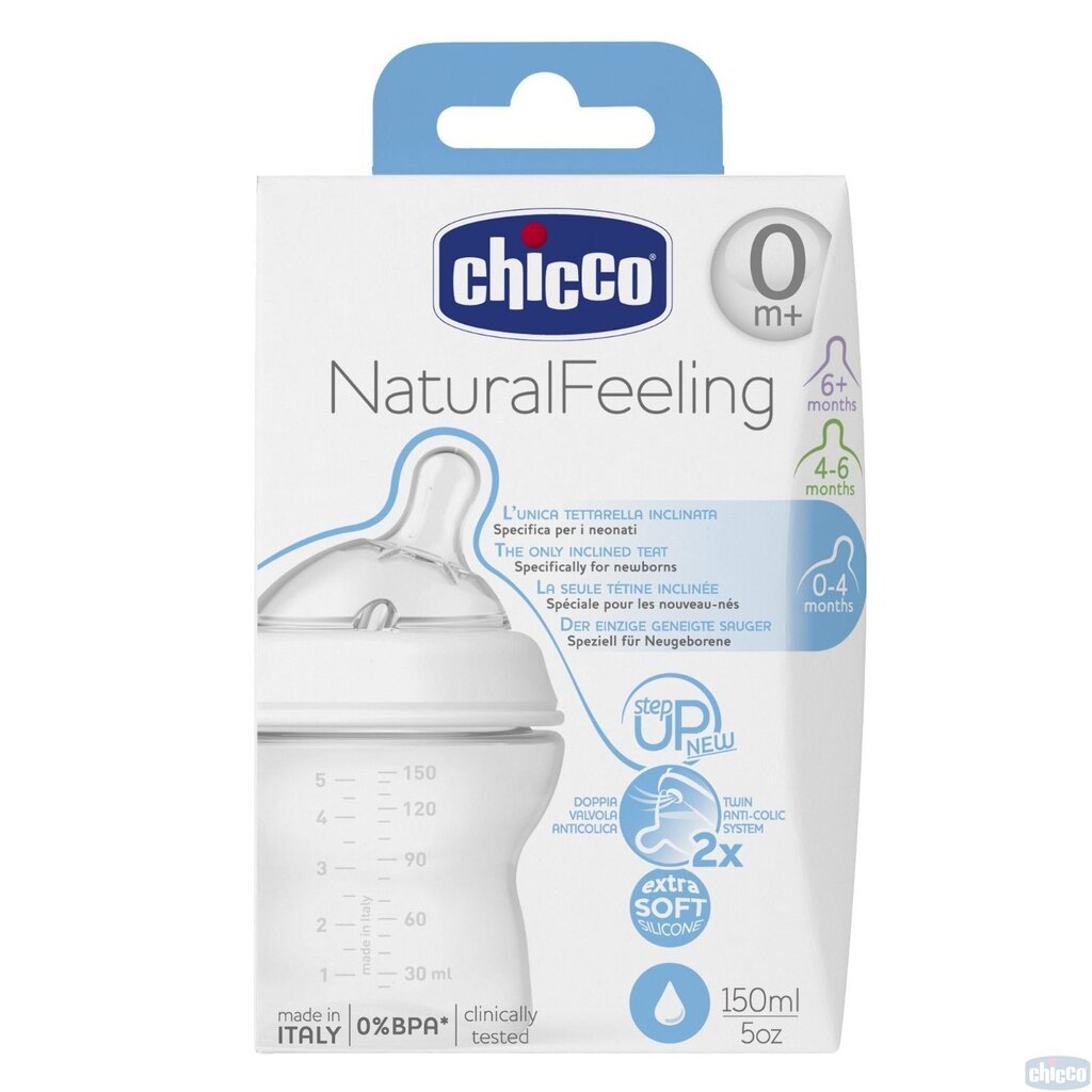 Pudele Chicco Natural Feeling 150 ml, 0 mēneši, vidēja plūsma цена и информация | Bērnu pudelītes un to aksesuāri | 220.lv