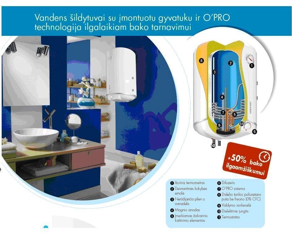 Kombinētais ūdens sildītājs Atlantic CWH080 O'PRO, vertikāls, 80L cena un informācija | Ūdens sildītāji | 220.lv