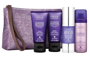 Ceļojumu matu kopšanas komplekts Alterna Caviar Transformation: šampūns 40 ml + kondicionieris 30 ml + laka 43 g + atjaunojošs līdzeklis 30 ml + kosmētikas somiņa cena un informācija | Šampūni | 220.lv