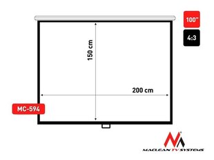 Maclean MC-594 Economy/Budget Auto-lock Manual Projection Screen-100'' /4:3 cena un informācija | Ekrāni projektoriem | 220.lv