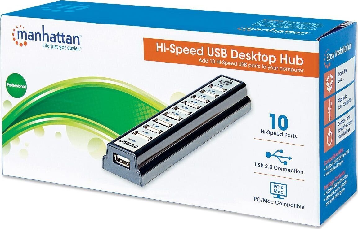 Manhattan Hi-Speed USB 2.0 Hub 10 Ports w/ Power Adapter, Black cena un informācija | Adapteri un USB centrmezgli | 220.lv