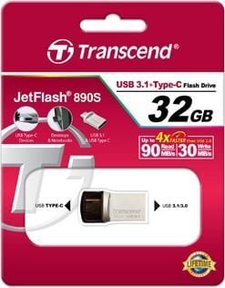Flashdrive Transcend 32GB JetFlash 890, Silver Plating USB 3.1 Type C cena un informācija | USB Atmiņas kartes | 220.lv