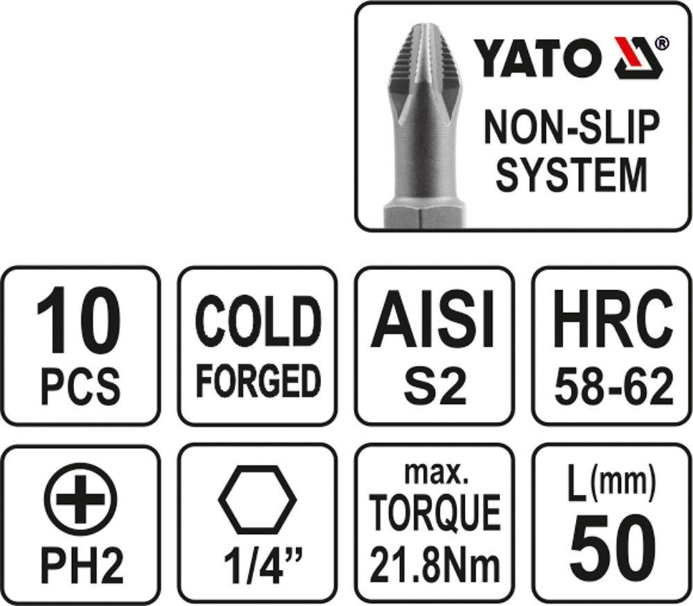 Uzgaļu komplekts 10 gab. Yato PH2x50mm 1/4" cena un informācija | Rokas instrumenti | 220.lv