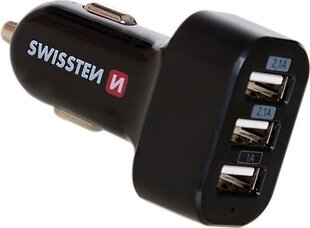 Автомобильная зарядка Swissten Triple премиум USB 2.1A + 2.1A + 1A, черная цена и информация | Зарядные устройства для телефонов | 220.lv