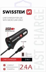 Swissten Премиум Автомобильная зарядка USB + 2.4A + кабель Micro USB  60 cm Черная цена и информация | Зарядные устройства для телефонов | 220.lv