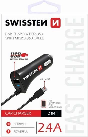 Swissten Premium Auto Lādētājs USB + 2.4A un Micro USB vads 60 cm Melns цена и информация | Lādētāji un adapteri | 220.lv