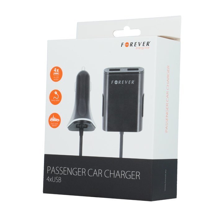 Forever Passenger USB 4 x 2.4A (12V / 24V) Autolādētājs ar Garu vadu 1.5m un Klipsi Pasažieriem Melns цена и информация | Lādētāji un adapteri | 220.lv
