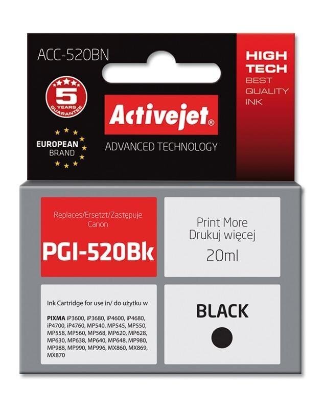 Tintes Kārtridžs ActiveJet ACC-520BK (Canon PGI-520BK), Melns cena un informācija | Tintes kārtridži | 220.lv