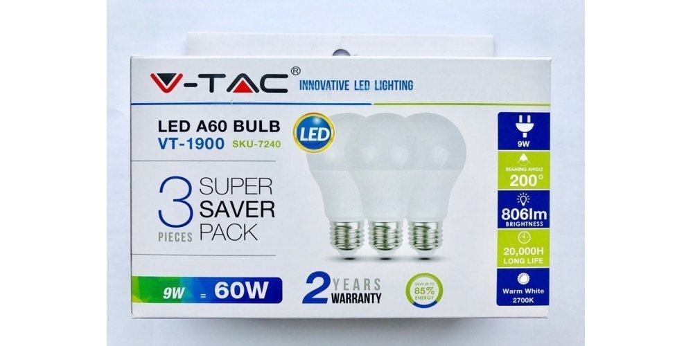 LED spuldze, 9W V-TAC, E27, A60, termoplastiskā, 2700K (silti balta), 3 gab. cena un informācija | Spuldzes | 220.lv