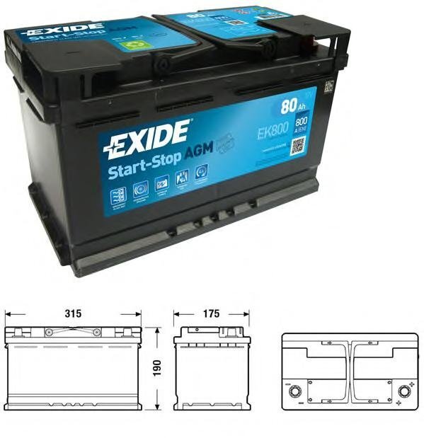Battery Shop EXIDE EK800 L4 AGM 80 Ah 800 A start Stop