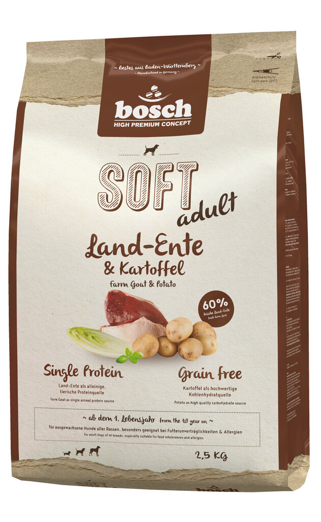 Bosch Plus HPC Soft+ Farm Duck bez graudaugiem (viens proteīns), 2,5 kg cena un informācija | Sausā barība suņiem | 220.lv