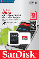 Карта памяти Sandisk 32GB Ultra Android microSDHC + SD Adapter + Memory Zone App 98MB/s A1 Class 10 UHS-I цена и информация | Карты памяти для телефонов | 220.lv