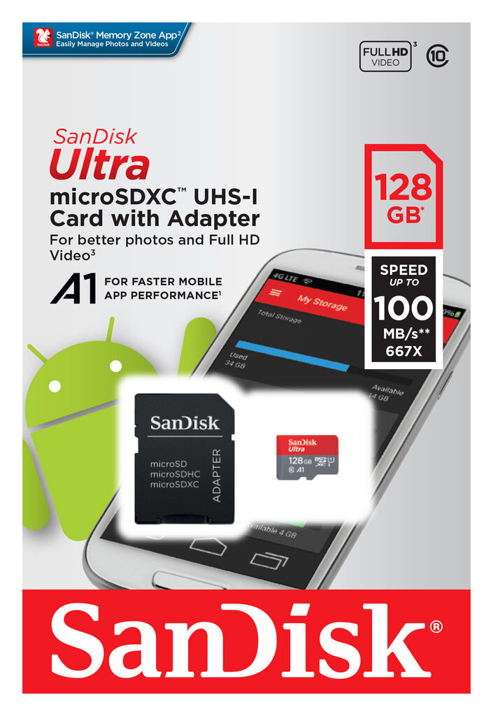 SanDisk Ultra 128GB MicroSDXC cena un informācija | Atmiņas kartes mobilajiem telefoniem | 220.lv