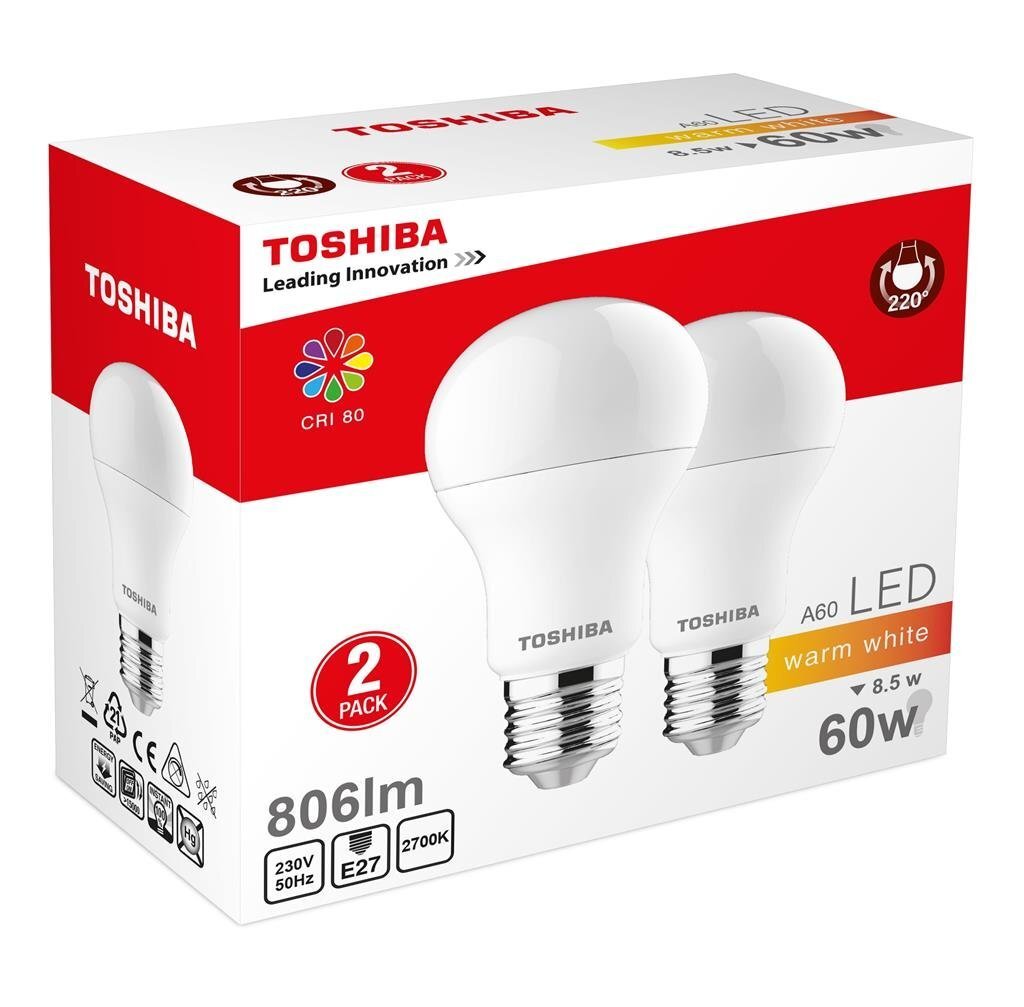 LED spuldze TOSHIBA A60 8,5W (60W) E27 2700K, 2gab. cena un informācija | Spuldzes | 220.lv