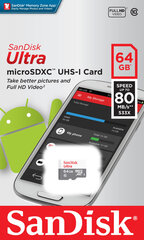 Atmiņas karte SANDISK 64GB Ultra Android microSDXC 80MB/s Class 10 цена и информация | Карты памяти для мобильных телефонов | 220.lv