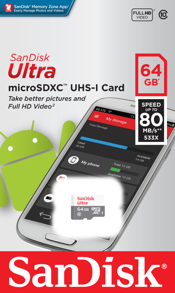 Atmiņas karte SANDISK 64GB Ultra Android microSDXC 80MB/s Class 10 cena un informācija | Atmiņas kartes mobilajiem telefoniem | 220.lv