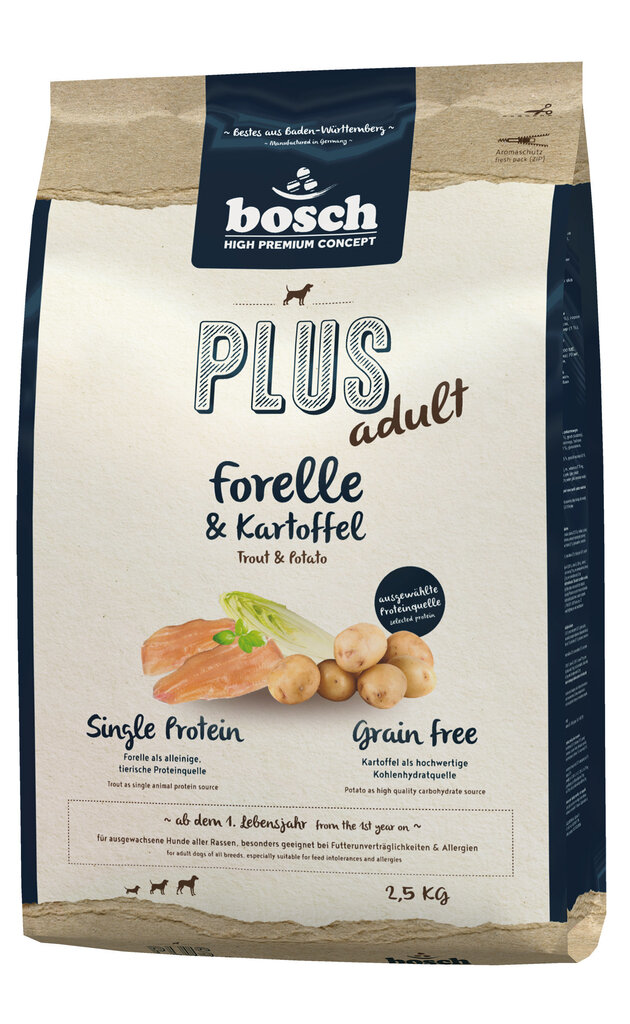Bosch Petfood Plus HPC+ Trout sausā barība suņiem, 2,5 kg цена и информация | Sausā barība suņiem | 220.lv