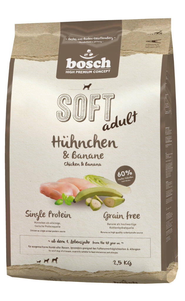 Bosch Petfood Plus HPC Soft+ Chicken & Banana bezgraudu sausā barība suņiem, 2,5kg cena un informācija | Sausā barība suņiem | 220.lv