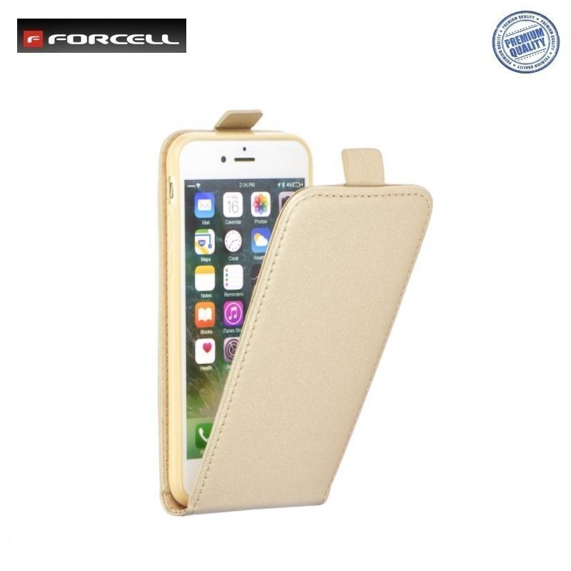 Forcell Flexi Slim Flip Apple iPhone X / iPhone 10 / iPhone XS vertikāli atverams silikona ietvarā Zeltains cena un informācija | Telefonu vāciņi, maciņi | 220.lv