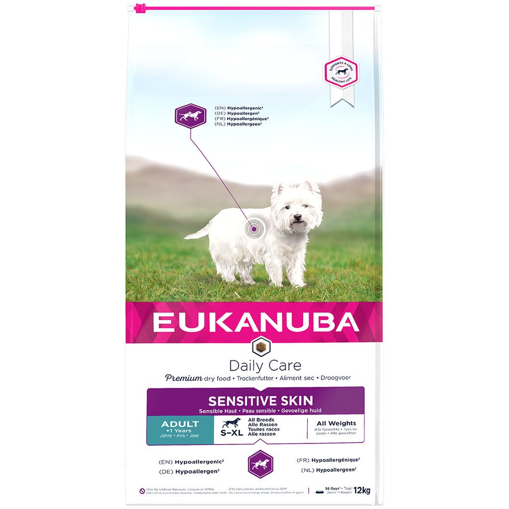 Eukanuba Daily Care Adult Sensitive Skin kompleksā sausā hipoalerģiskā barība visu šķirņu pieaugušiem suņiem ar jūtīgu ādu no 1 gada vecuma, 12 kg cena un informācija | Sausā barība suņiem | 220.lv