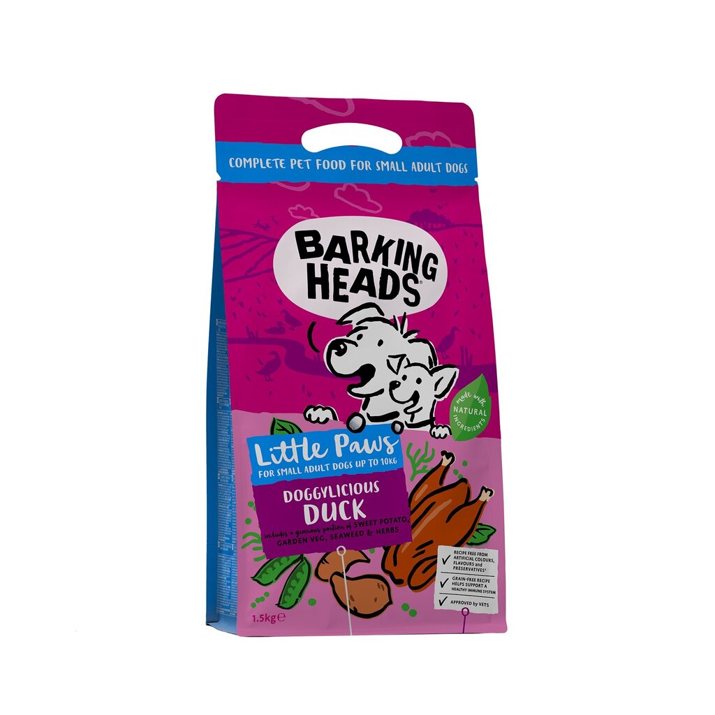 Barking Heads Small Adult Doggylicious Duck Grain Free sausā barība ar pīli, 1,5 kg cena un informācija | Sausā barība suņiem | 220.lv