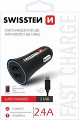 Swissten Премиум Автомобильная зарядка 12 / 24V / 1A+ 2.1A + кабель Micro USB  150 cm Черная цена и информация | Зарядные устройства для телефонов | 220.lv