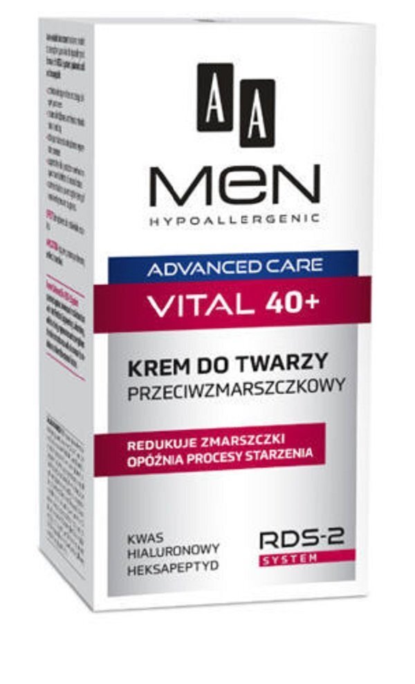 Atjaunojošs sejas krēms vīriešiem AA Men Advanced Care Vital 40+, 50 ml cena un informācija | Sejas krēmi | 220.lv