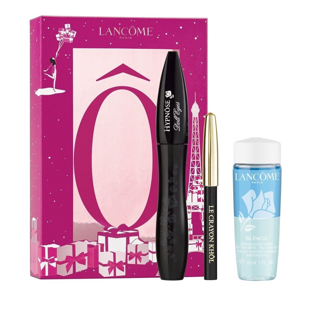 Kosmētikas komplekts Lancome: skropstu tuša Hypnose Doll Eyes X-Mas 10 ml + acu zīmulis Le Crayon 01 Noir 0.7 g + acu grima noņēmējs Bi-Facil 30 ml cena un informācija | Acu ēnas, skropstu tušas, zīmuļi, serumi | 220.lv