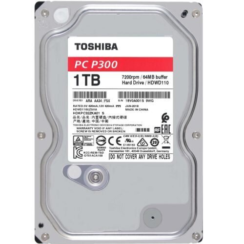Toshiba HDD P300 BULK 3.5 1TB SATA 7200RPM 64MB cena un informācija | Iekšējie cietie diski (HDD, SSD, Hybrid) | 220.lv