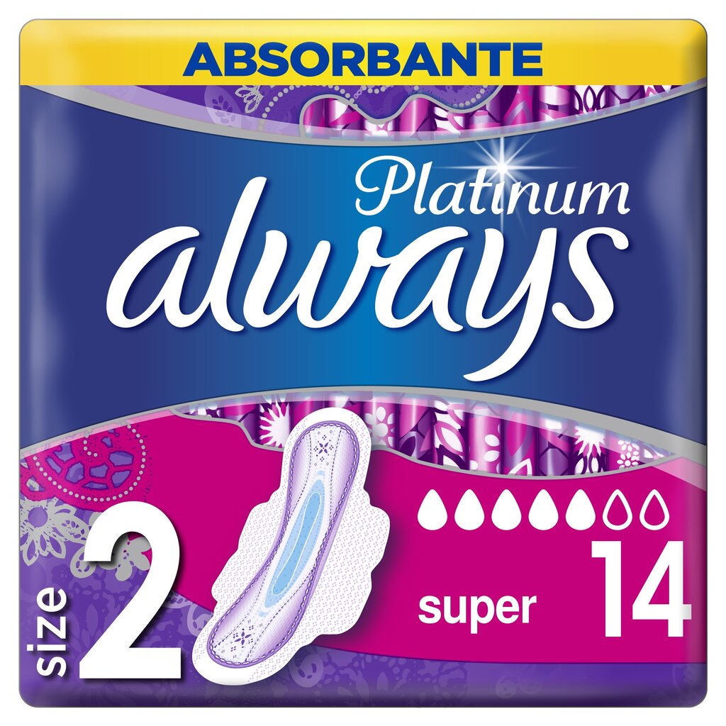 Higiēniskās paketes Always Platinum Super 14 gab cena un informācija | Tamponi, higiēniskās paketes, ieliktnīši | 220.lv