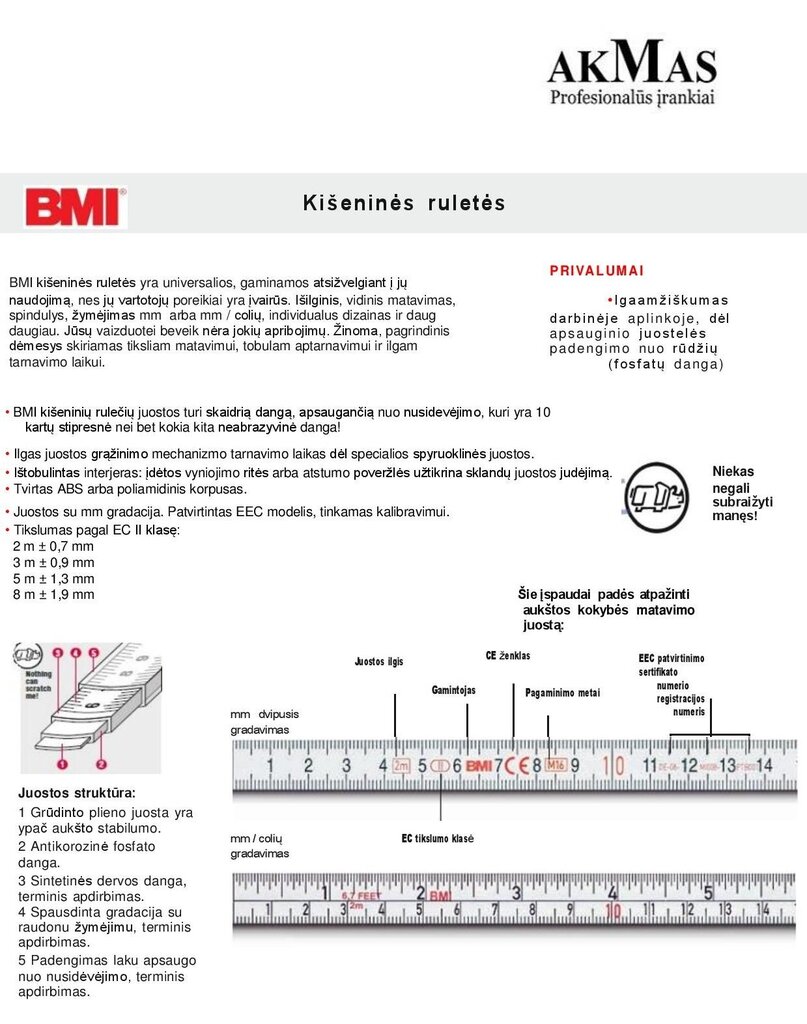 Mērlente BMI Vario EG 1 (5 m) cena un informācija | Rokas instrumenti | 220.lv