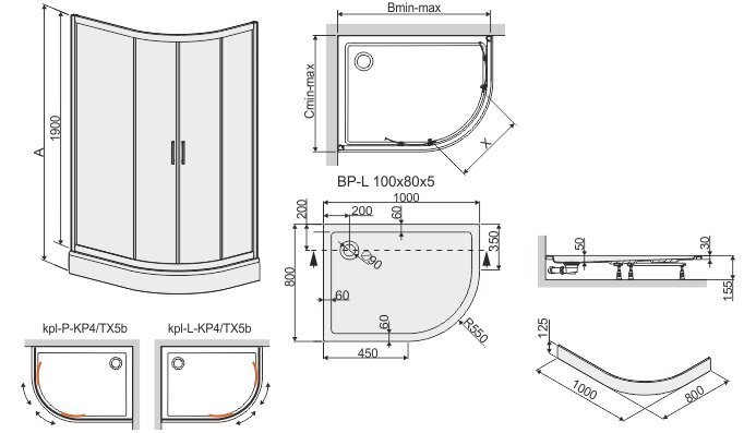 Stūra dušas kabīne Sanplast TX KP4/TX5b/L 80x100s, profils balts, caurspīdīgs stikls W0, ar paliktni цена и информация | Dušas kabīnes | 220.lv