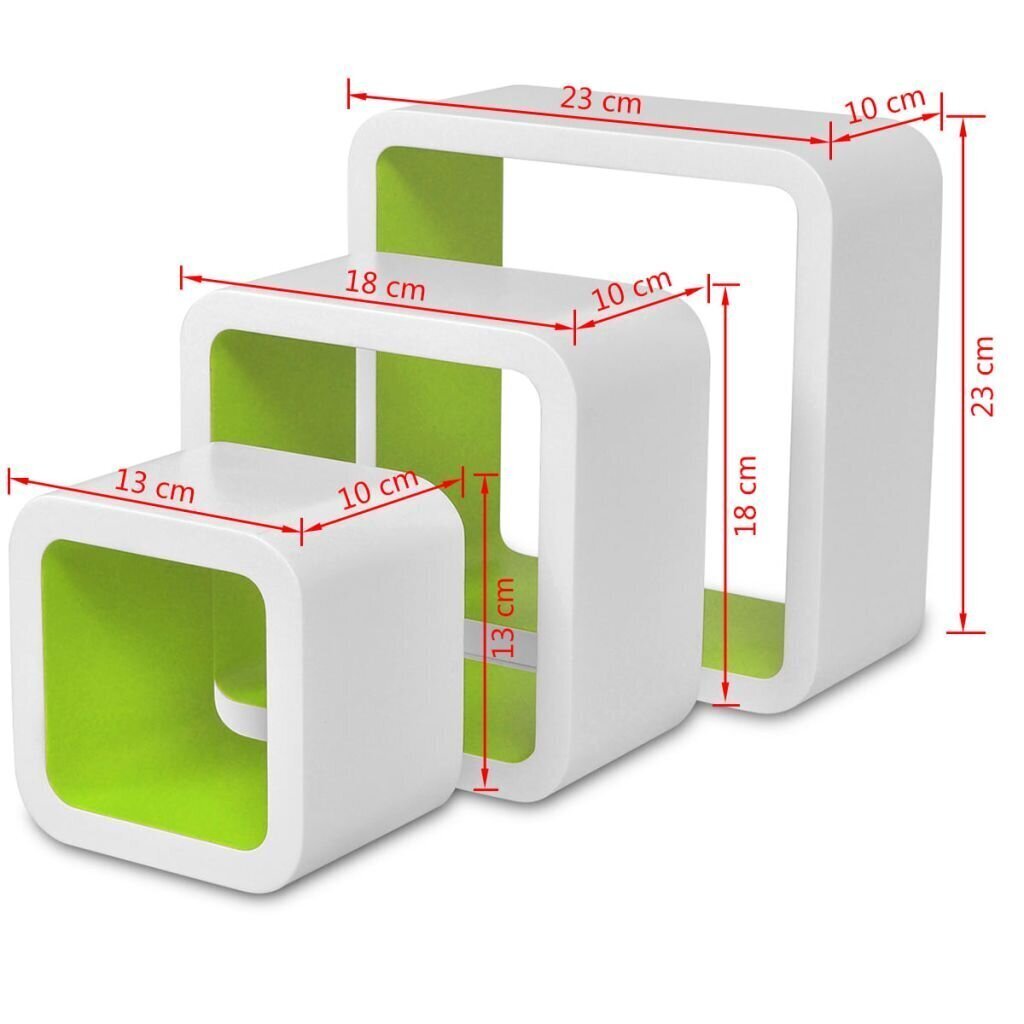Sienas plaukti, 3 gab., MDF, balti ar zaļu cena un informācija | Plaukti | 220.lv