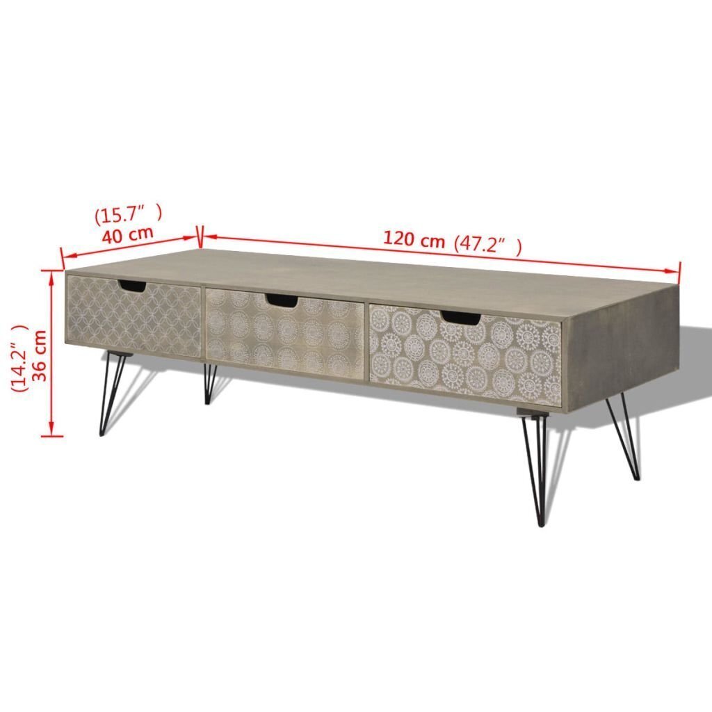 vidaXL TV galdiņš ar 3 atvilktnēm, 120x40x36 cm, pelēks cena un informācija | TV galdiņi | 220.lv