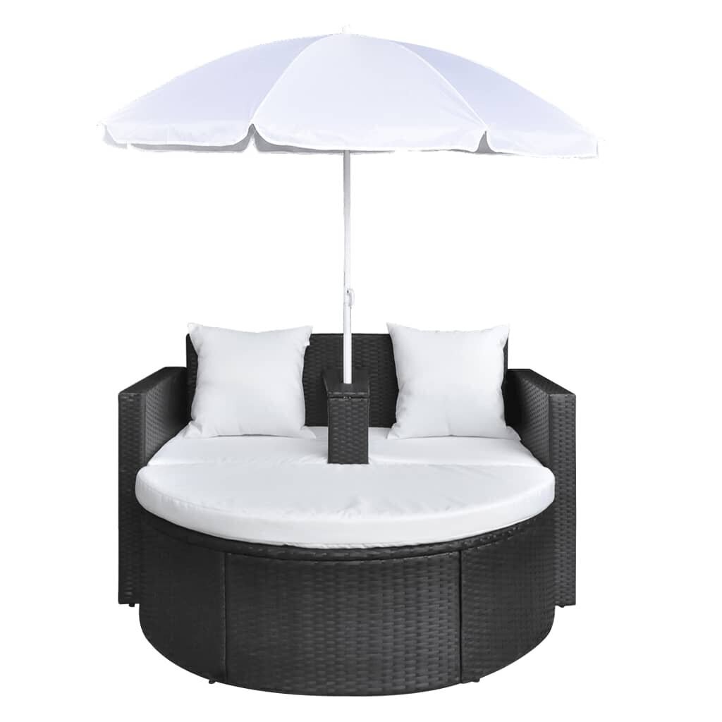 vidaXL dārza gulta ar saulessargu, melna, PE rotangpalma cena un informācija | Sauļošanās krēsli | 220.lv
