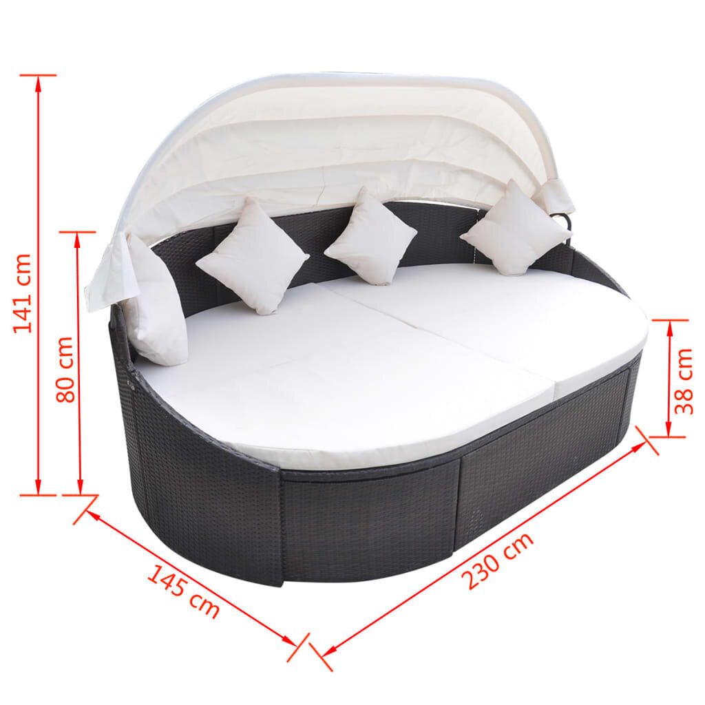 vidaXL dārza atpūtas gulta ar jumtiņu, brūna PE rotangpalma cena un informācija | Sauļošanās krēsli | 220.lv