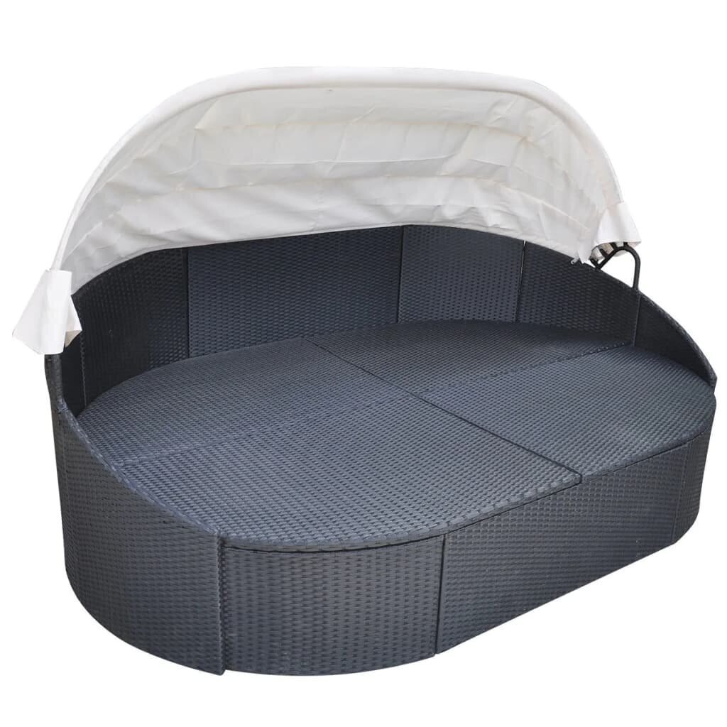 vidaXL dārza atpūtas gulta ar jumtiņu, melna PE rotangpalma cena un informācija | Sauļošanās krēsli | 220.lv