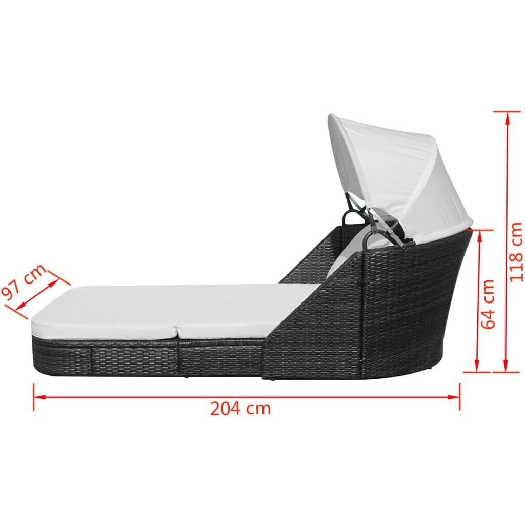 vidaXL sauļošanās zvilnis ar jumtiņu, melna PE rotangpalma cena un informācija | Sauļošanās krēsli | 220.lv