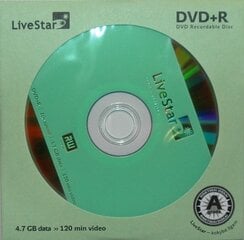 Диск LiveStar DVD+R 4,7 ГБ, 16x, в конверте цена и информация | Виниловые пластинки, CD, DVD | 220.lv