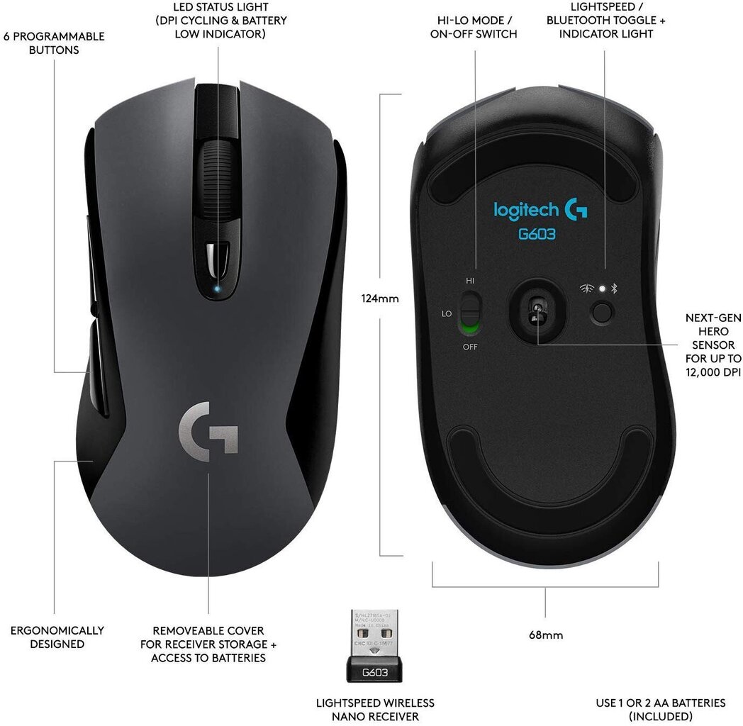 Logitech G603, melns cena un informācija | Peles | 220.lv